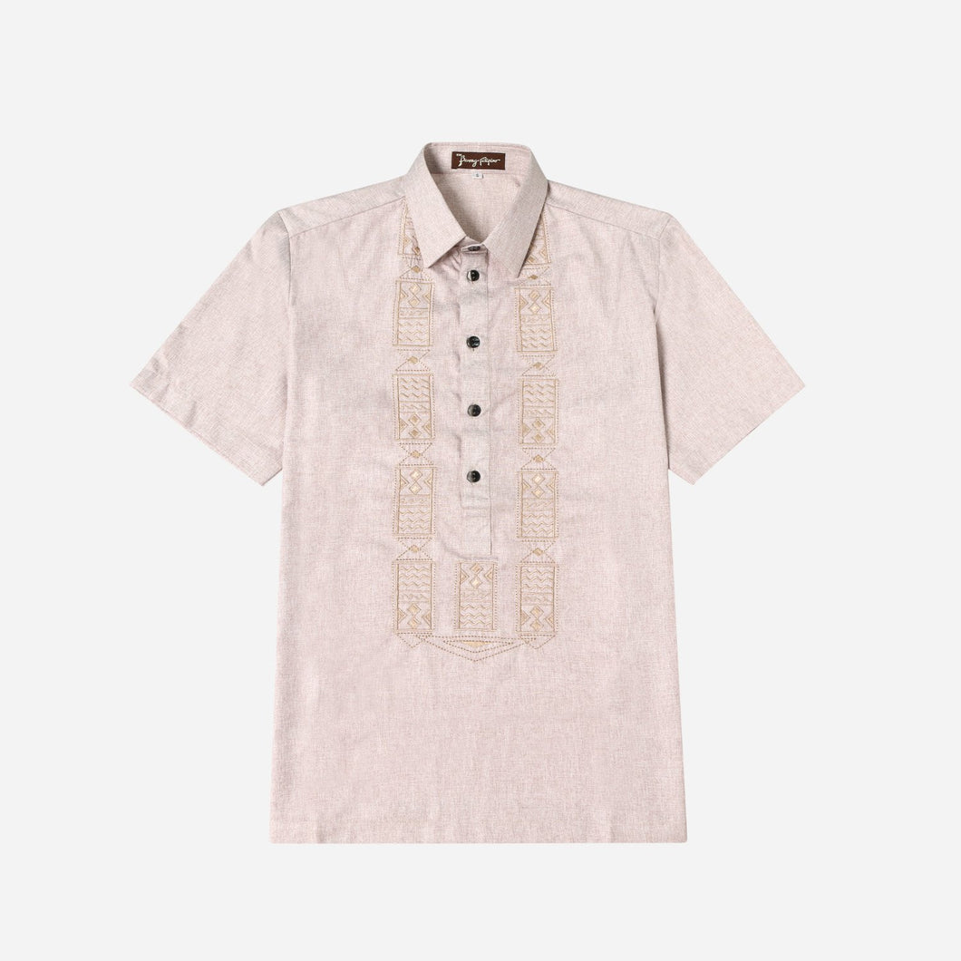 En Barong Filipino Men’s Size Extra Large Embroidered Half-Open Short Sleeve Barong in Beige