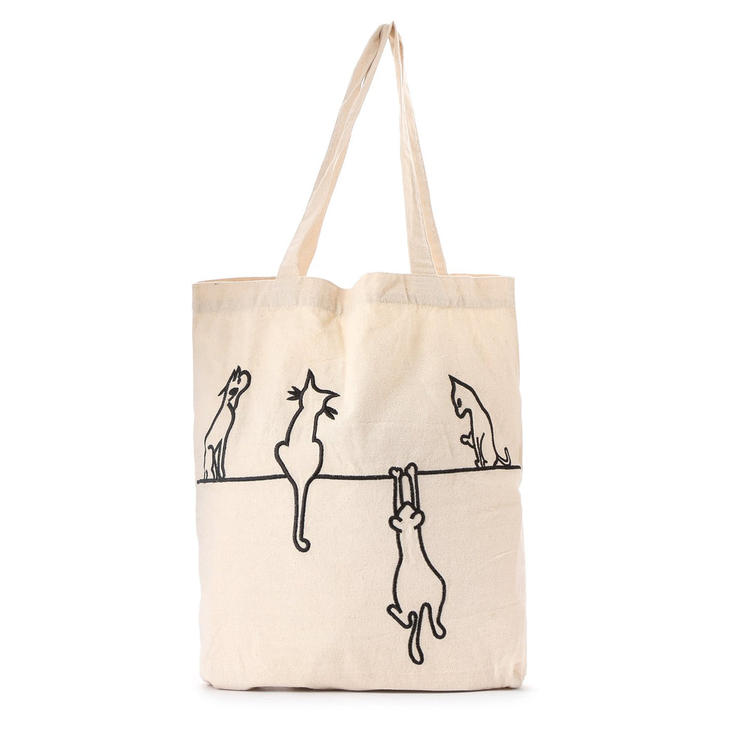 Grab Ladies Embroidered Cats Tote Bag in Off White