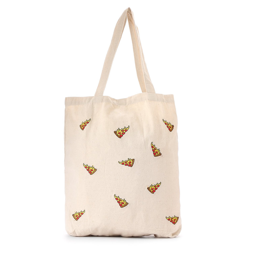 Grab Ladies Pizzas Embroidered Tote Bag in Off White