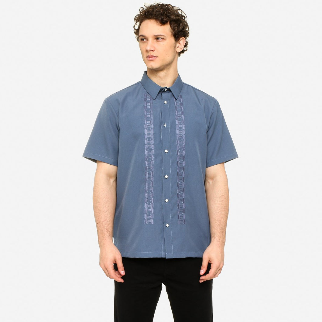 Exclusive Mens' Short Sleeve Embroidered Casual Barong in Blue Gray