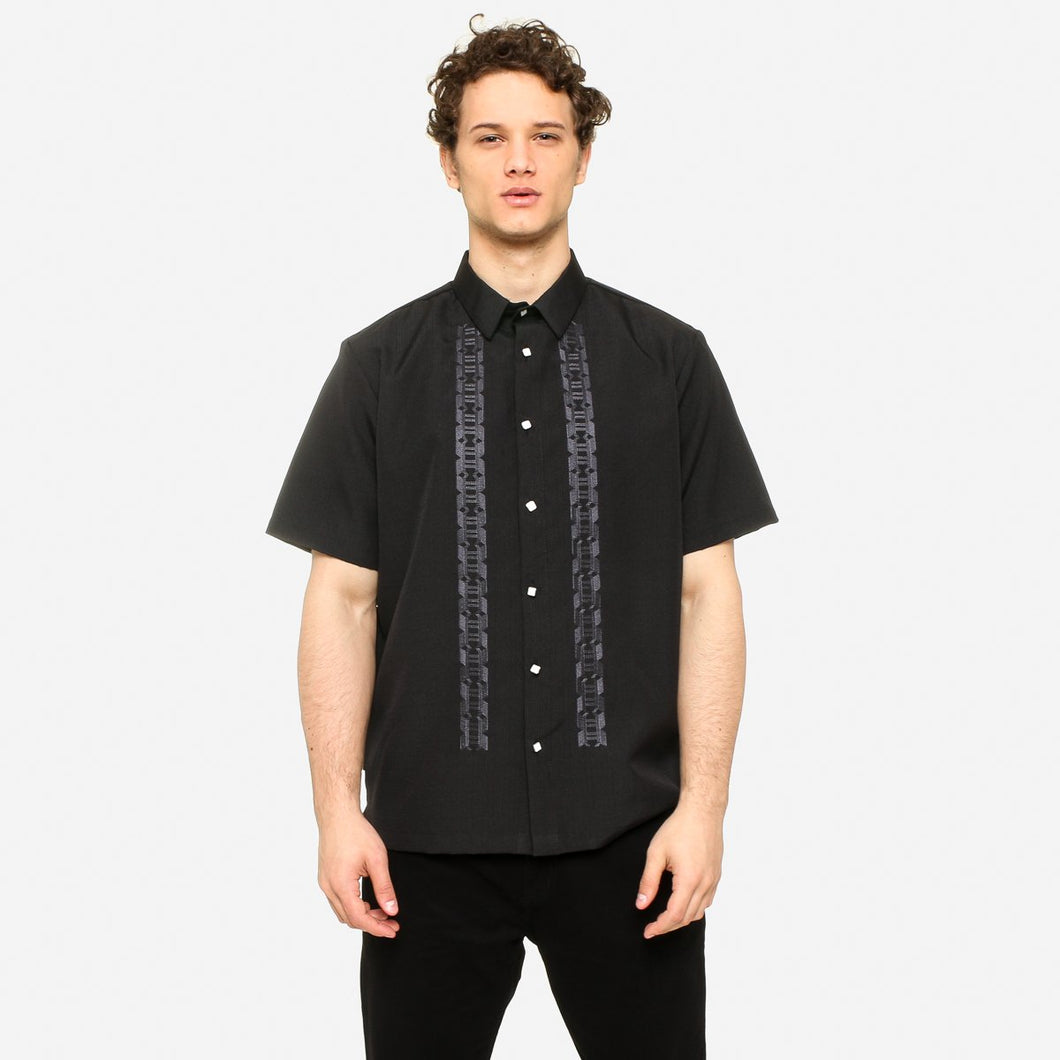 Exclusive Mens' Short Sleeve Embroidered Casual Barong in Black