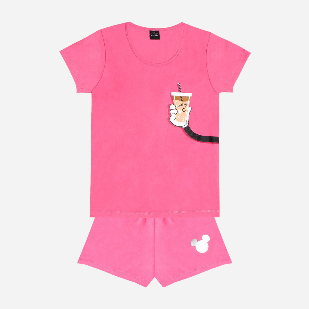 Disney Mickey Mouse Sleepwear Ladies' Mickey Milk Tea Tee and Shorts Set in Dark Pink