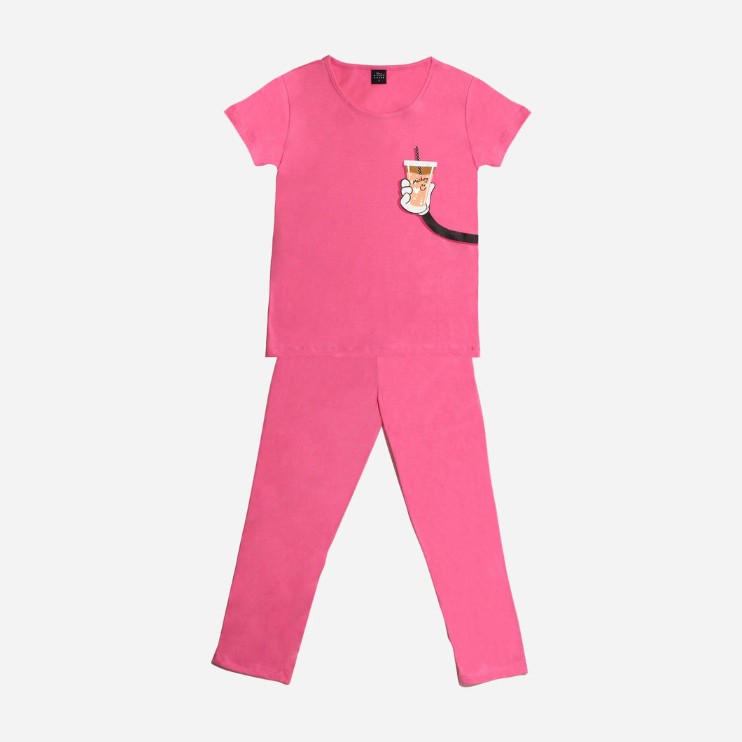 Disney Mickey Mouse Ladies' Mickey Milk Tea Pajama Set in Dark Pink