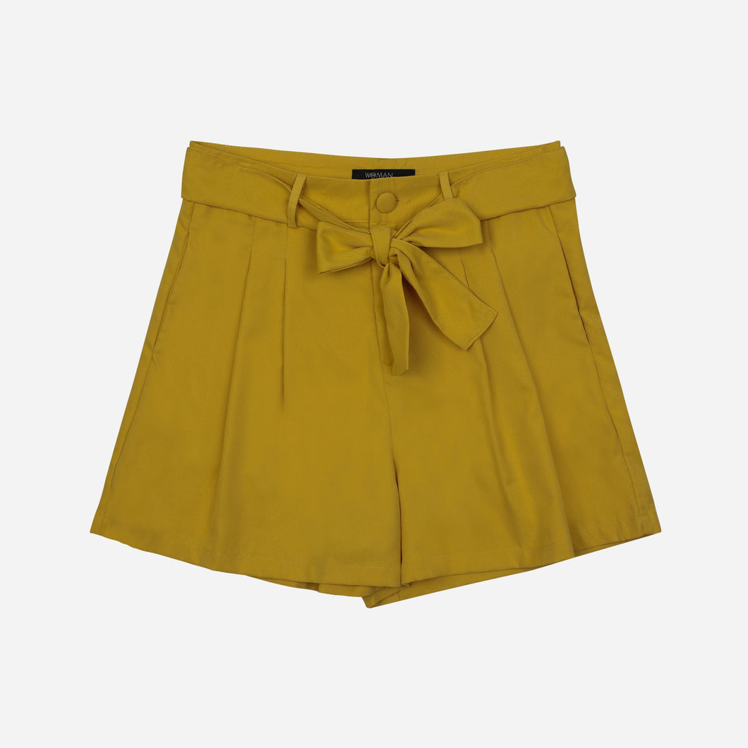 SM Woman Waist Sash Pleated Shorts in Mustard