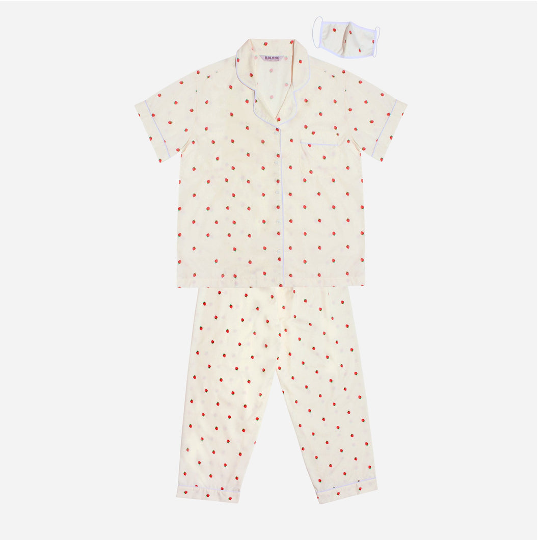 Baleno Sleepwear Ladies' Strawberry Print Pajama Set with Face Mask in Cream