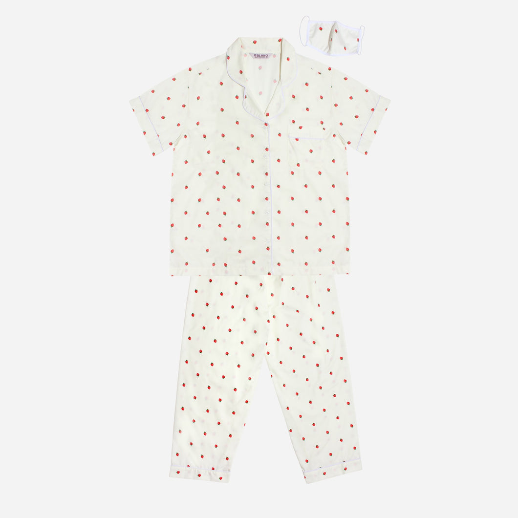 Baleno Sleepwear Ladies' Strawberry Print Pajama Set with Face Mask in Light Green