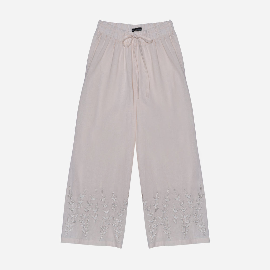 Coco Cabana Ladies' Leafy Embroidered Linen Pants in Beige