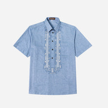 Load image into Gallery viewer, En Barong Filipino Men’s Size Large Embroidered Half-Open Short Sleeve Barong in Blue
